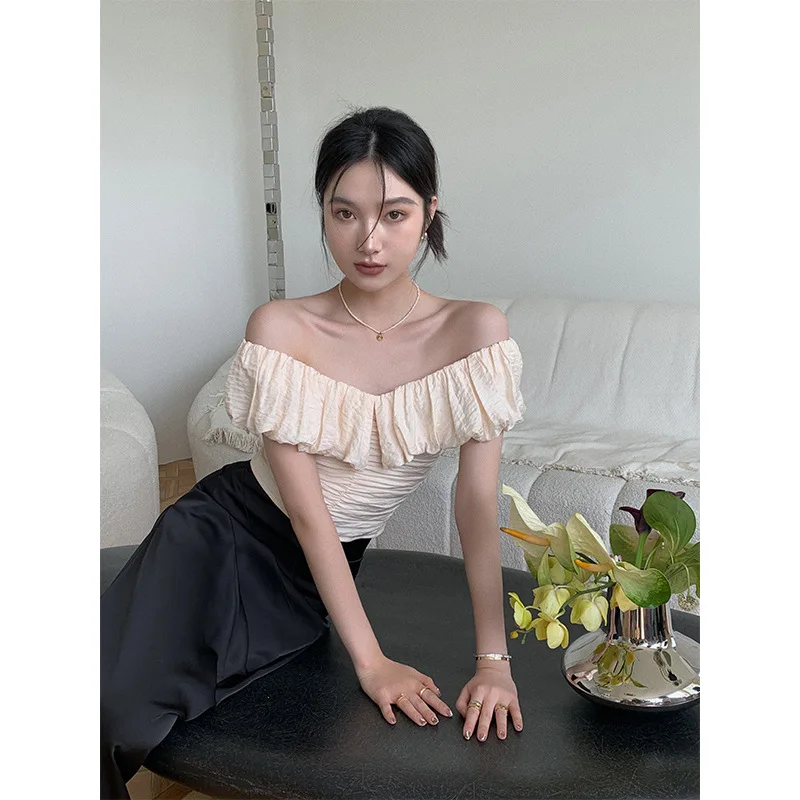 

Solaina Women Clothing Women's 2022 Summer Collection, One-shoulder, Open-shoulder, Lotus Neck Blouse Crop Top Women