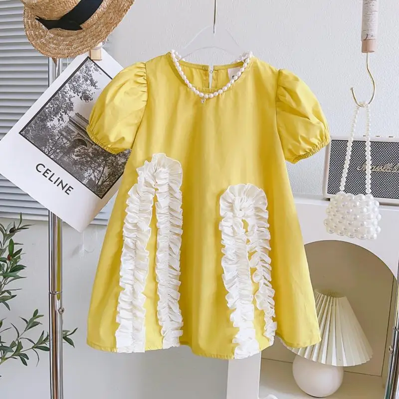 

2023 Summer Baby Girls Daily Dress Kids Korean Stylish Beading Dresses Infants Fashion Cotton Frocks Children Outdoor Clothing