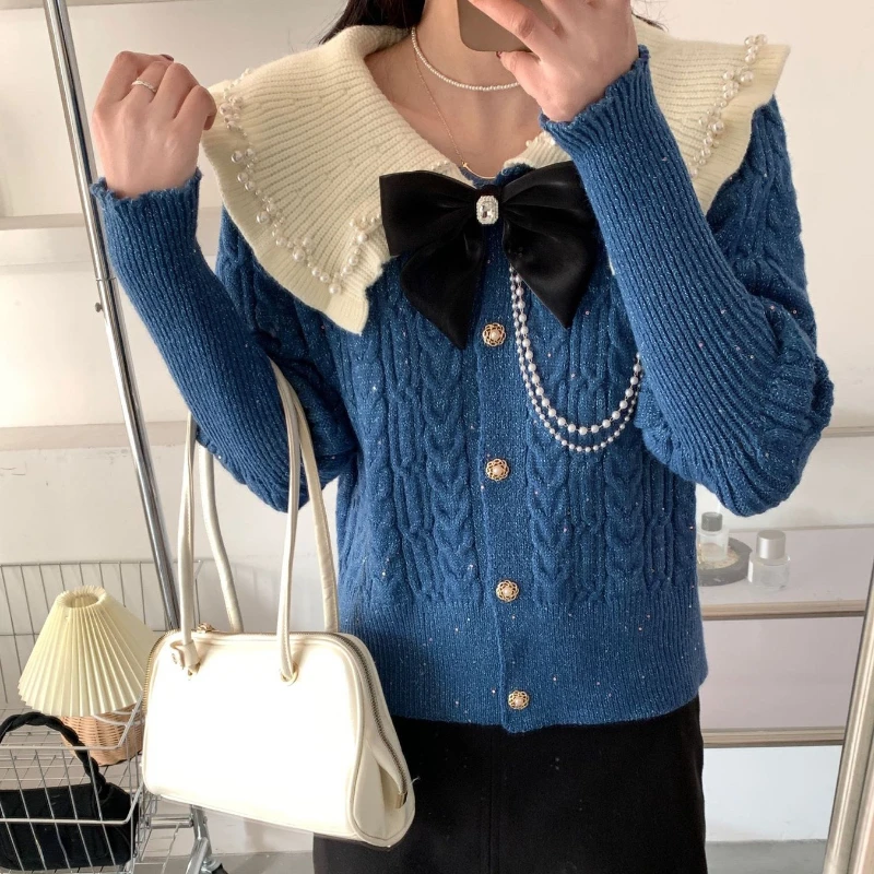 

DUOFAN Knitted Cardigan Button Sweaters Women Clothing Fashion Doll Collar Retro French Jacket Autumn Long-sleeve Short Coat Top