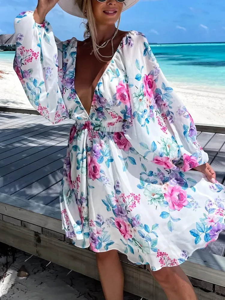 

Women Elegant Floral Print Summer Dress Sexy Deep V Neck Hollow Office Mini Dress Spring Summer Lantern Sleeve Lady Beach Dress