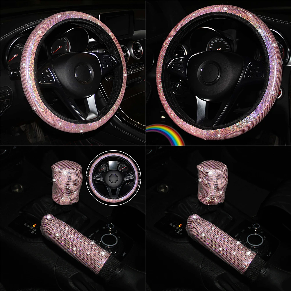 

Upgrade Your Car's Look with this Pink Glitter Steering Wheel Cover Handbrake and Gear Cover Set Includes 3 Pieces