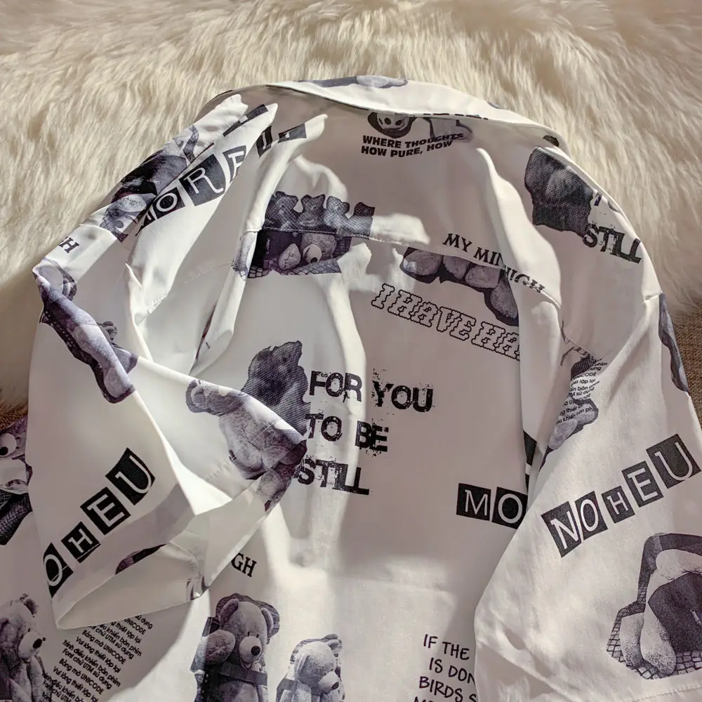 Рубашка мужская с принтом медведя винтажная пуговицами коротким рукавом Пляжная