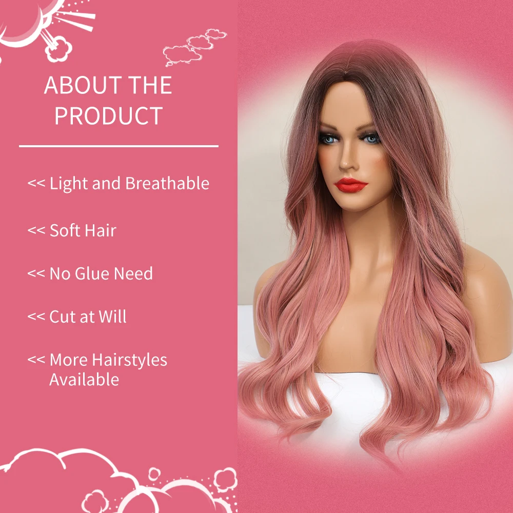 U.SHINE Ombre Brown Mixed Pink Blonde Long Synthetic Wave Wigs for Women Heat Resistant Colorful Fiber Cosplay Lolita Wigs
