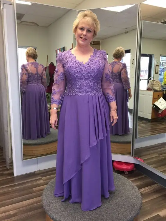 

Mother of The Bride Dresses for Wedding Party Chiffon Draped Illusion Long Sleeve V Neck Applique Purple Drape Farsali Plus Size