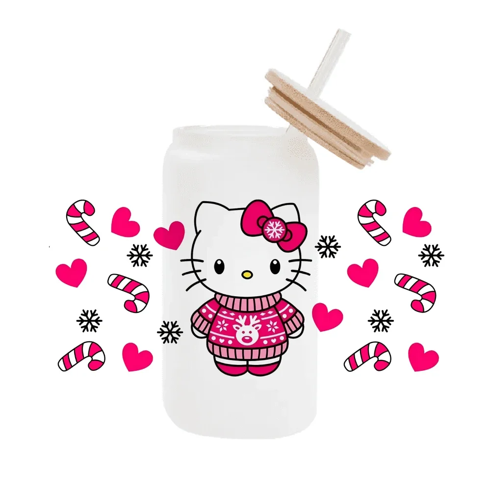 Модный мультфильм Hello Kitty Christmas For Libbey 16oz Can Glass 3D Водонепроницаемый УФ DTF Кофе Wrap