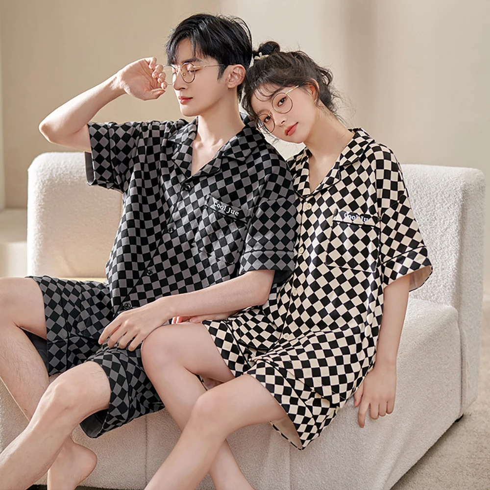 

Spring Summer Couple Cotton Sleepwear Casual Plaid Male Pajamas for Women Men Pajama Sets Loose Elastic Pyjama Pants With Pocket