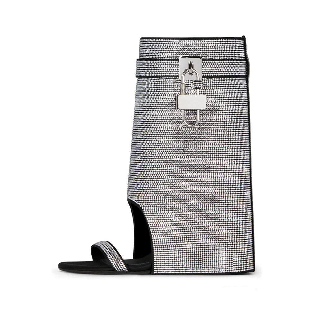 Women's New Slotted Toe with Open Toe Slope Heel Shark Boots Sexy Colored Rhinestone Metal Decoration Calf Short Boots Sandals