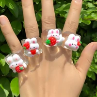 cute cartoon strawberry bunny rabbit rings transparent acrylic resin finger rings for women girls summer jewelry wholesale gifts