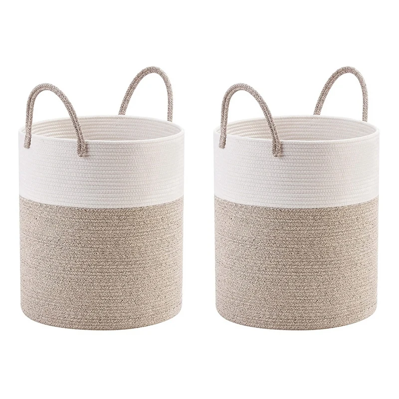 

2X Decorative Woven Cotton Rope Basket, Tall Laundry Basket/Hamper, Blanket Basket For Living Room