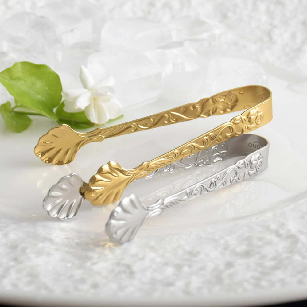 

Vintage Rose Relief Stainless Steel Ice Cube Clip Tong Barware Accessorie Sugar Tongs Food Clips Kitchen Serving cake decorating