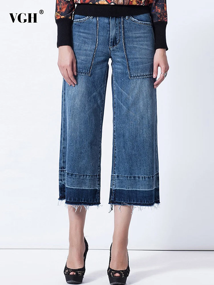 

VGH Casual Loose Denim Wide Leg Pants For Women High Waist Hit Color Long Minimalist Jeans Female Fashion New Clothing Spring