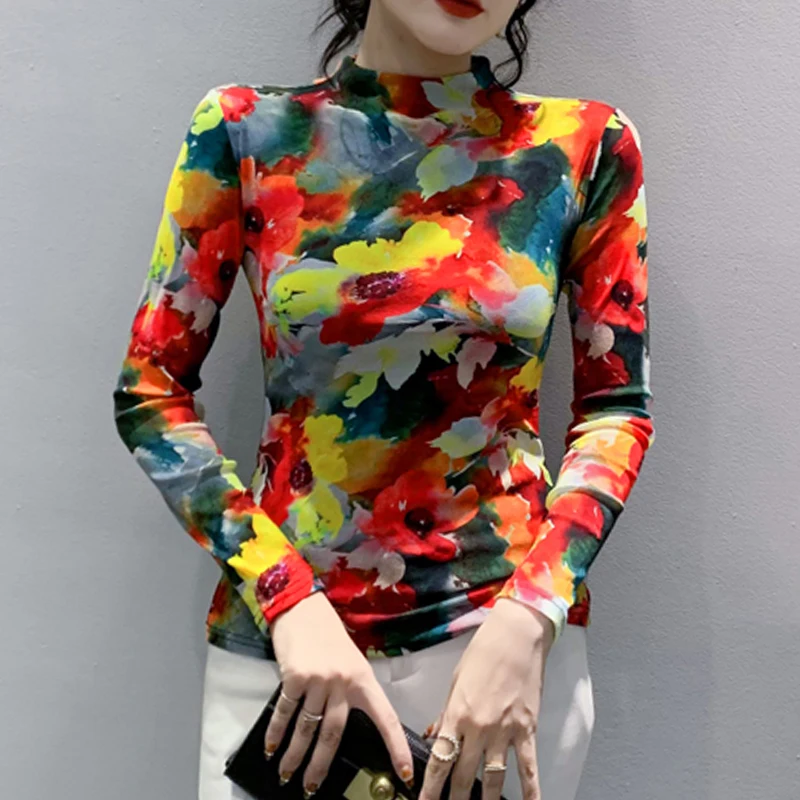 

Классическая Сетчатая футболка с полувысоким воротником и принтом в уличном стиле, Новинка осени, удобная приталенная модная футболка с дл...