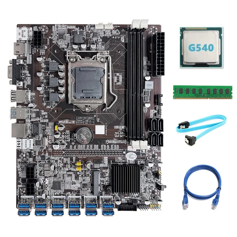 

B75 ETH Mining Motherboard 12 PCIE To USB Motherboard With G540 CPU+DDR3 4GB 1600Mhz RAM+SATA Cable+RJ45 Network Cable