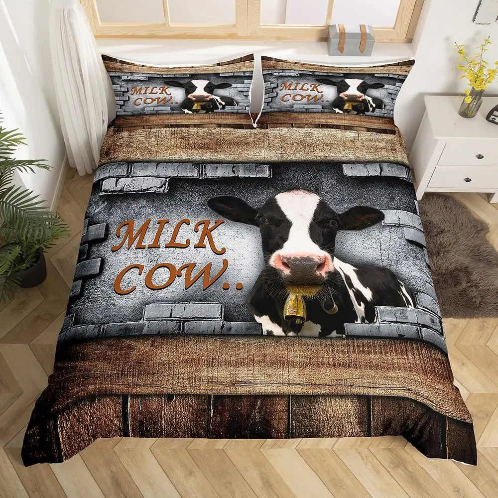 Cows Duvet Cover Set Full Size Milk Cow Print Comforter Cover Farm Animal Theme Bedding Set Room Decor,Checkered Quilt Cover images - 6