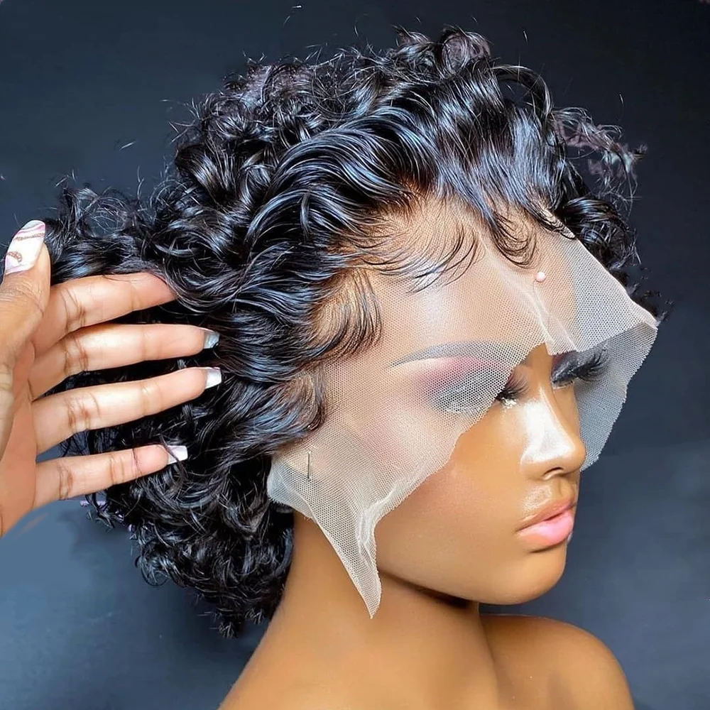 

Brazilian Pre plucked 13x1 Lace Front Wigs Kinky Curly Pixie Cut Bob Human Hair Lace Closure Wig For Black Women babyhair Daily