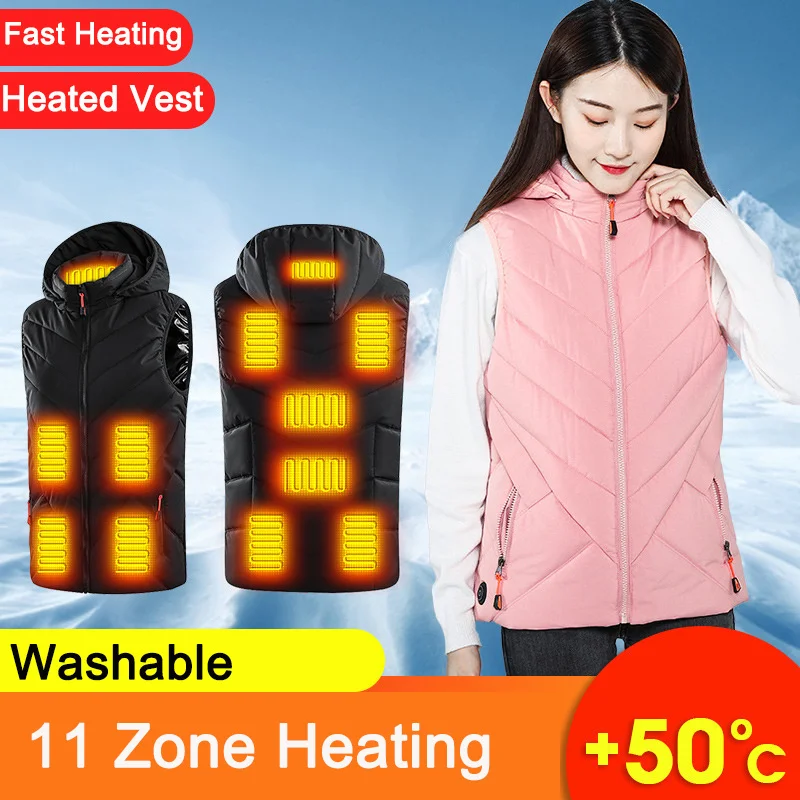 11 Area Heated Vest Men Women Usb Heated Jacket Heating Vest Thermal Clothing Hunting Vest Winter Heating Jacket BlackS-6XL