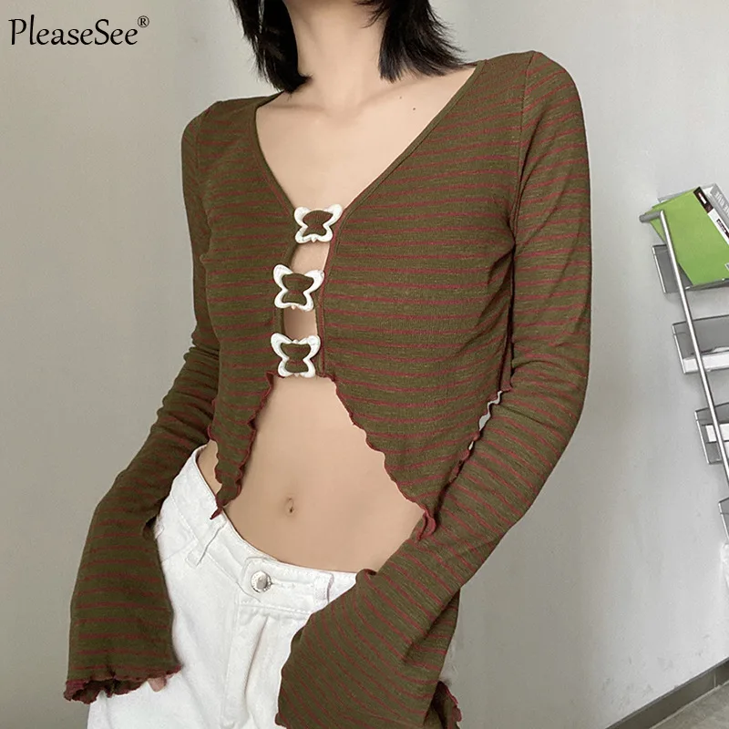 Женский винтажный кардиган в полоску короткий топ с расклешенными рукавами