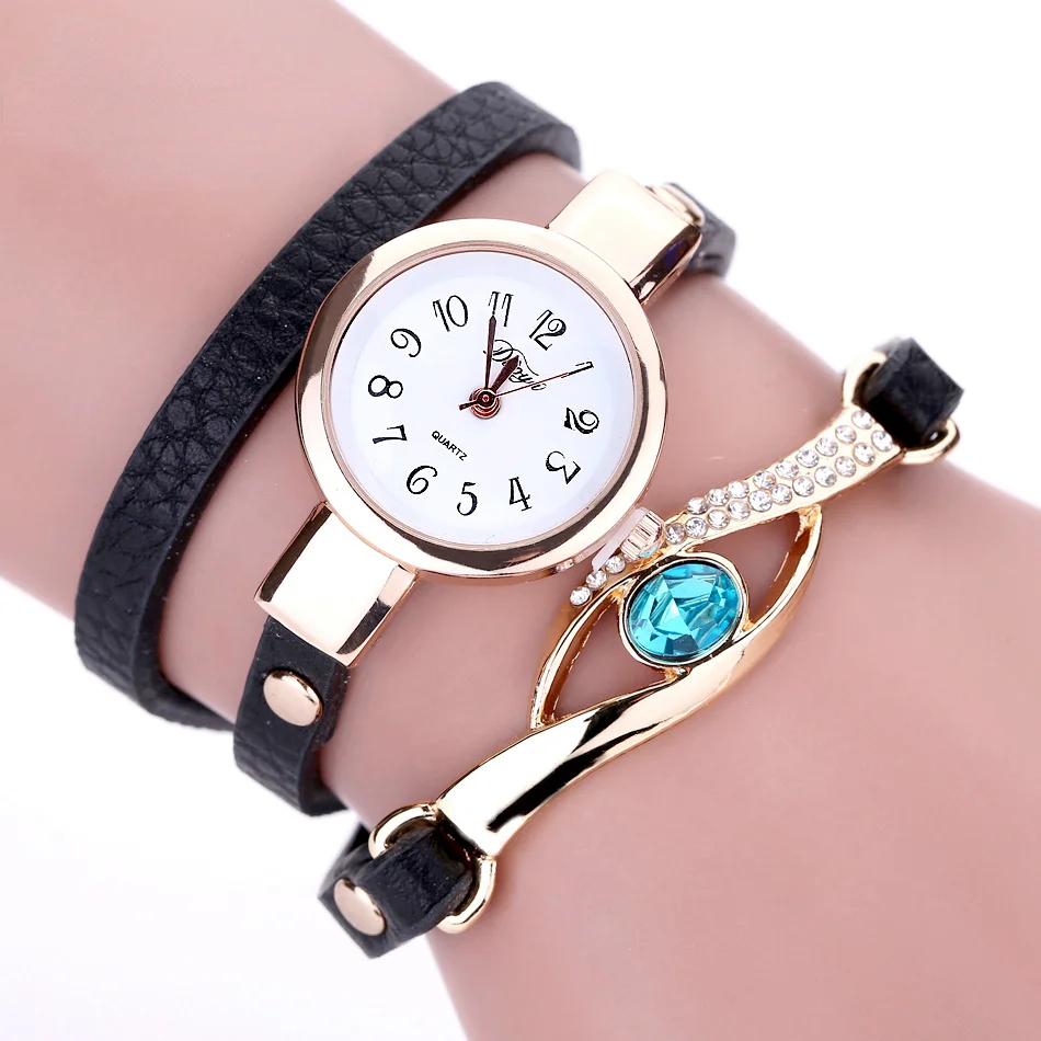 

Cute Brand Watch Women Luxury Gold Eye Gemstone Dress Watches Women Gold Bracelet Halloween Gift Leather Quartz Wristwatches