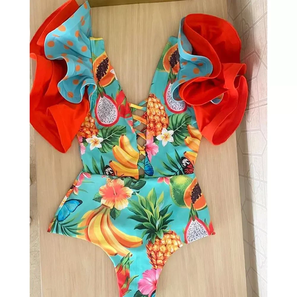

2021 New Sexy Ruffle Print Floral One Piece Swimsuit Off The Shoulder Swimwear Women Solid Deep-V Beachwear Bathing Suit Monkini