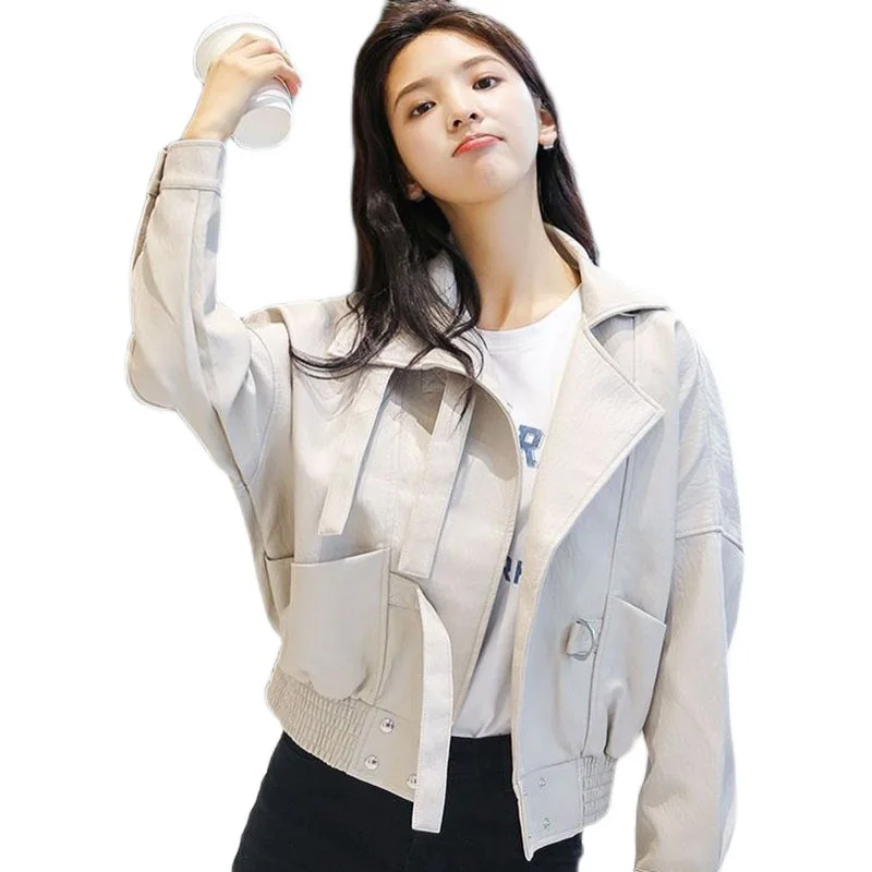 Beige White Leather Coat Women Korean Fashion Loose Autumn Coat Motorcycle Short Thin Temperament Jacket Loose Short Top