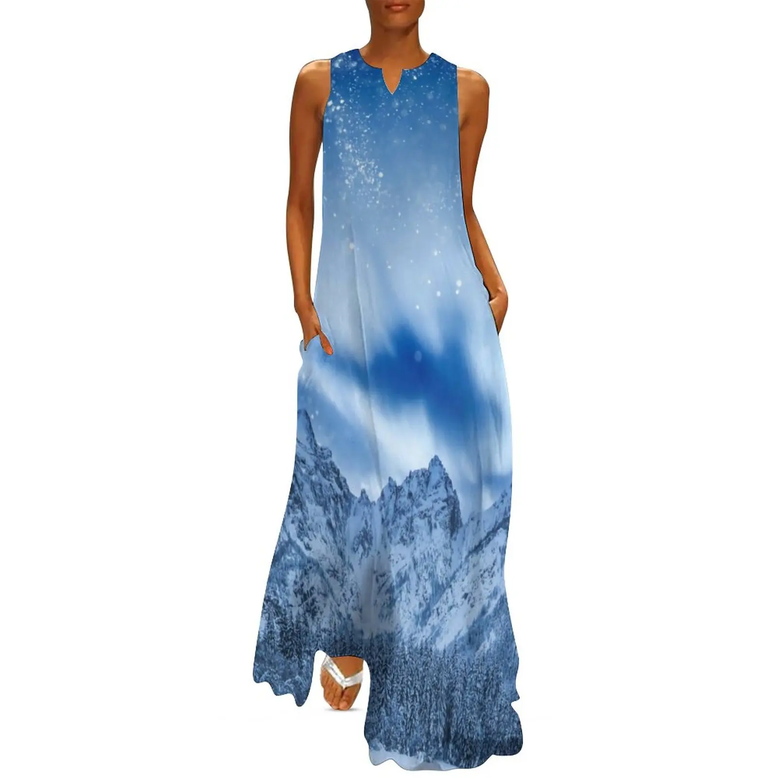 

Winter Mountains Dress Fantasy Sky Print Night Club Maxi Dress Street Style Casual Long Dresses V Neck Clothes Big Size 4XL 5XL