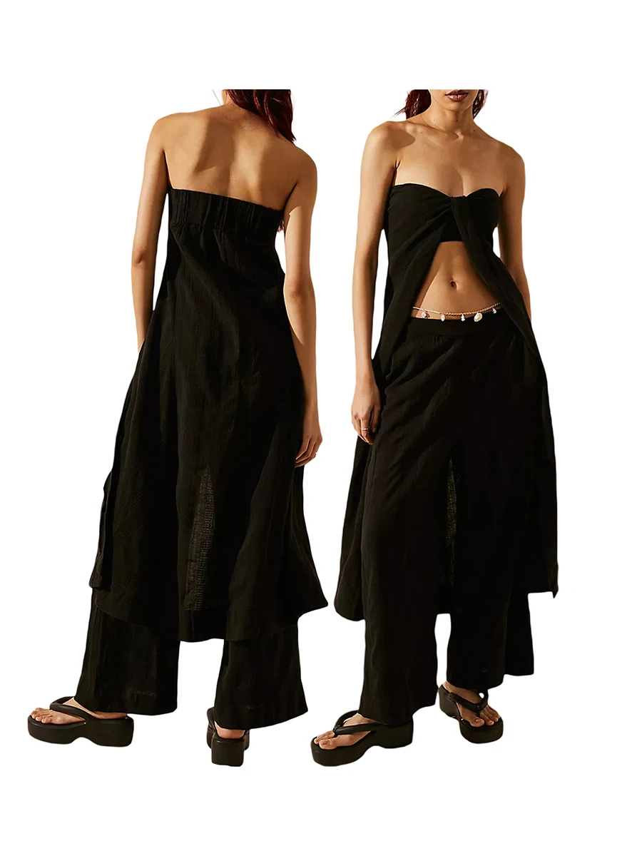 

Two Piece Outfits for Women Y2K Pants Set Sexy Off Shoulder Open Front Tube Tops Wide Leg Pants Sets Streetwear