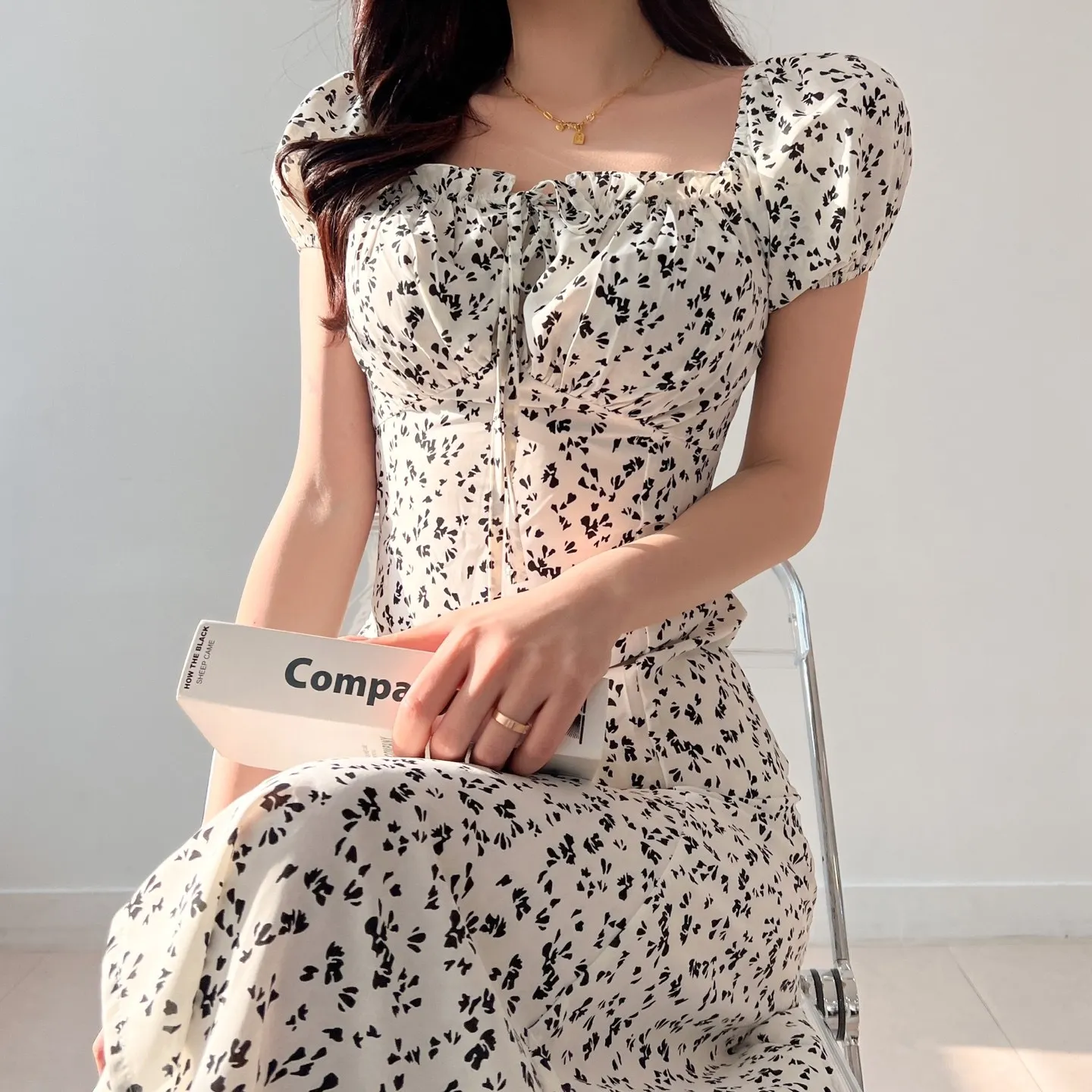 

투웨이 밴딩 퍼프 반팔 리본 플라워 롱원피스 3컬러