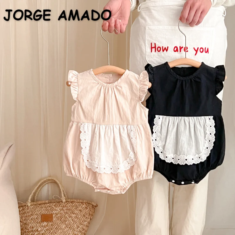 

Summer Baby Girl Bodysuit Black /Apricot O-neck Ruffle Sleeveless Jumpsuit Newborn Thin Cotton Triangle Crawling Clothes E23121