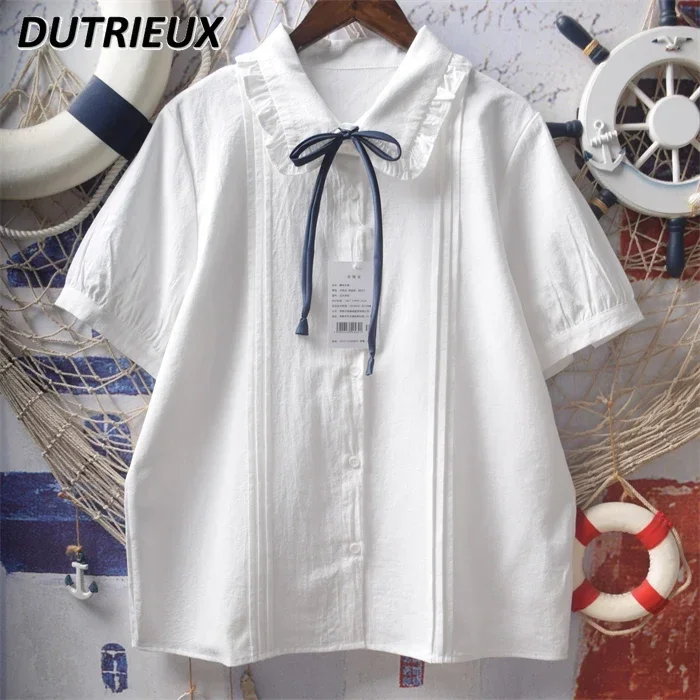 

Casual Blouse Short Sleeve Shirt for Women Preppy Style Lace-up Bow Ruffled Doll Collar Japanese Style JK Cotton White Top Girl