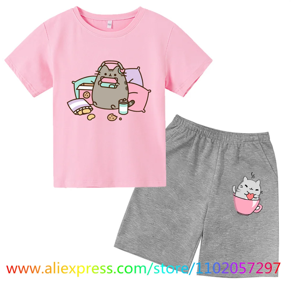 

Pusheen футболка детские милые комплекты для девочек летний модный стиль Одежда для маленьких девочек костюм мультфильм 2 шт. детская одежда