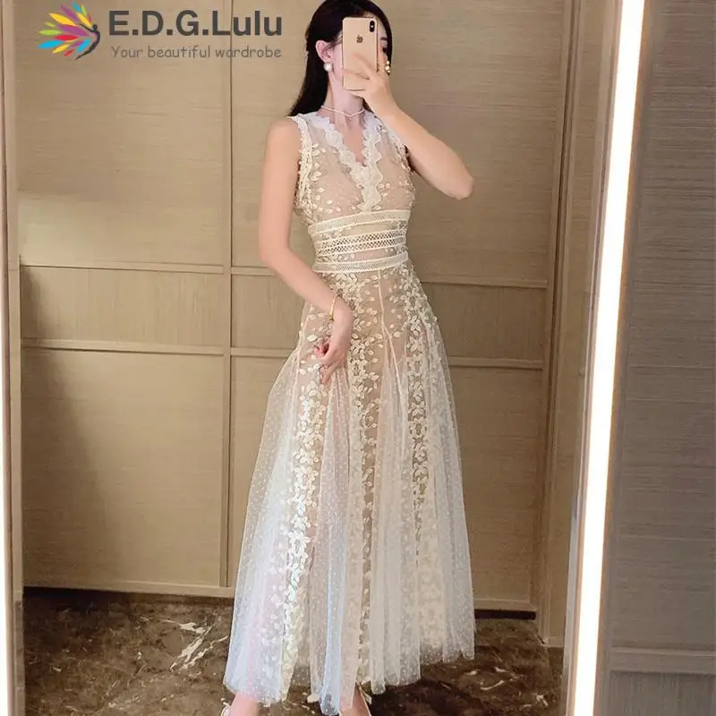 

EDGLuLu Summer Deep V-neck Mesh Embroidery Black White Dresses For Women 2022 Mesh Patchwork Pleated Long Dress 0515