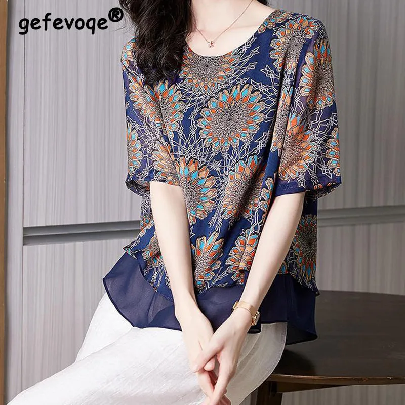 

Vintage Print O Neck Short Sleeve Fashion Chic Blouse Women 2022 Summer Casual Patchwork Loose Chiffon Shirts Ladies Tops Blusas
