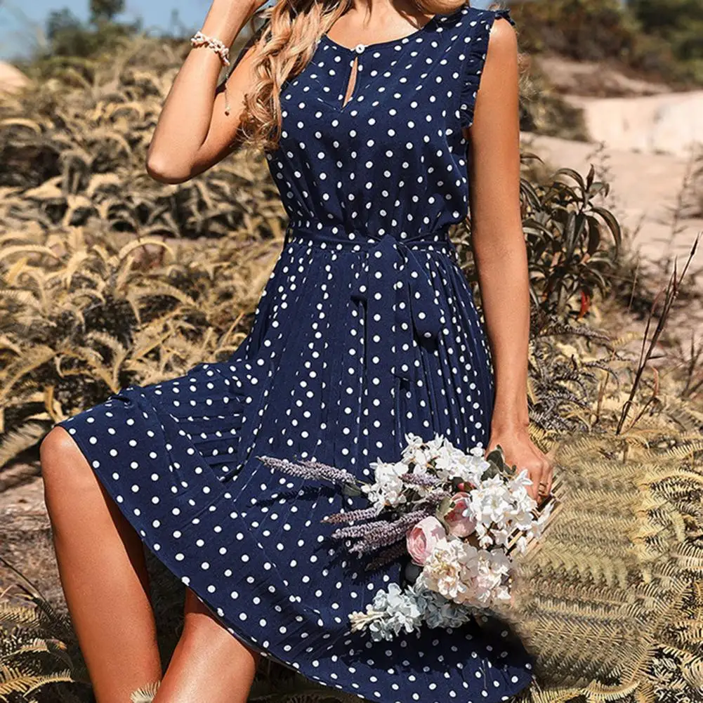 

Summer Women Dress O-neck Flying Sleeve Front Hollow Mini Dress Belt Pleated Hem Blue Midi Polka Dots Dresses Female Clothing