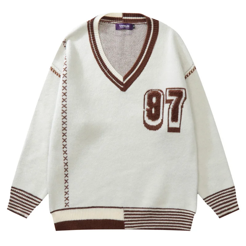 

Мужской пуловер с V-образным вырезом, Свободный Повседневный жаккардовый свитер в стиле High Street, Осень-зима
