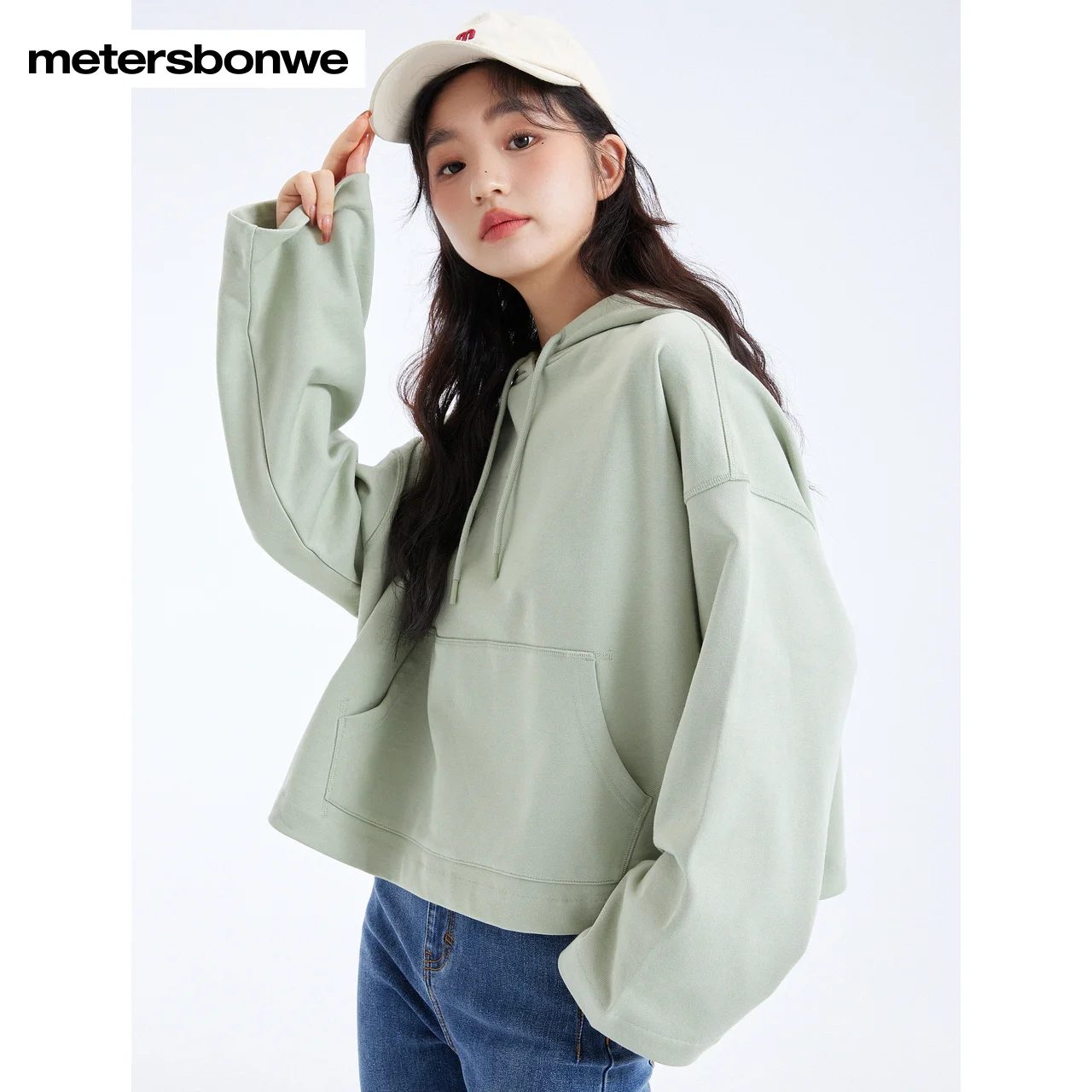 Metersbonwe Women's Basic Loose Short Solid Color Hoodies 100%Cotton Hooded Pullover Loose Spring Autumn Casual Youth Warm Tops