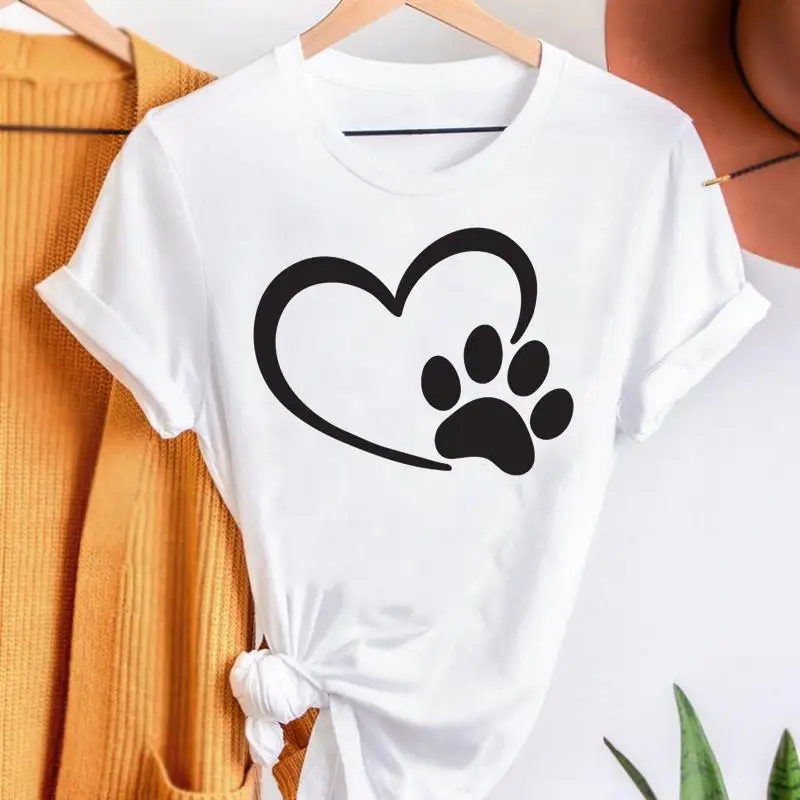 

Женская футболка с принтом, летняя футболка с принтом в виде любящего сердца, собаки, кота, лапы, женский топ с графическим рисунком, модная ф...
