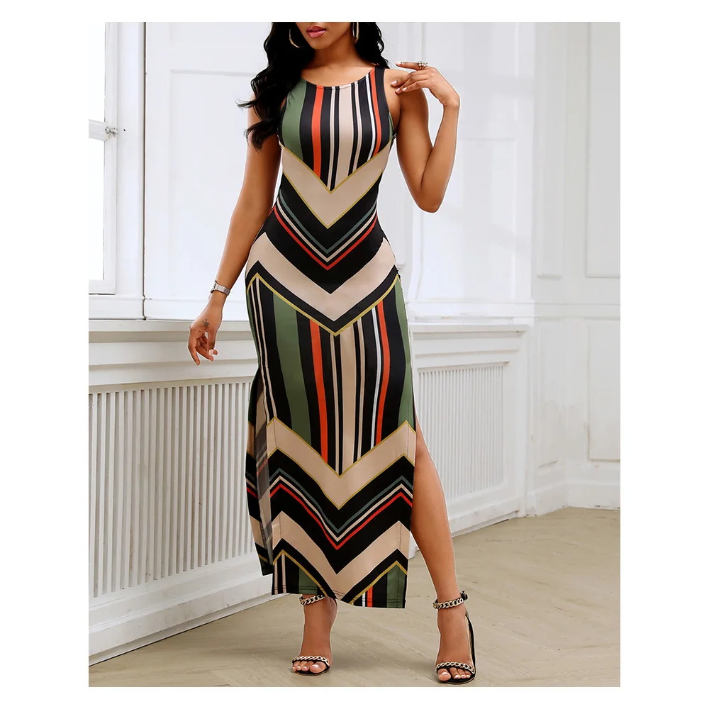 

Chicme Summer Women Colorful Striped Print Sleeveless Maxi Dress Femme Round Neck Sexy Side Slit Casual Street Wear Outfits