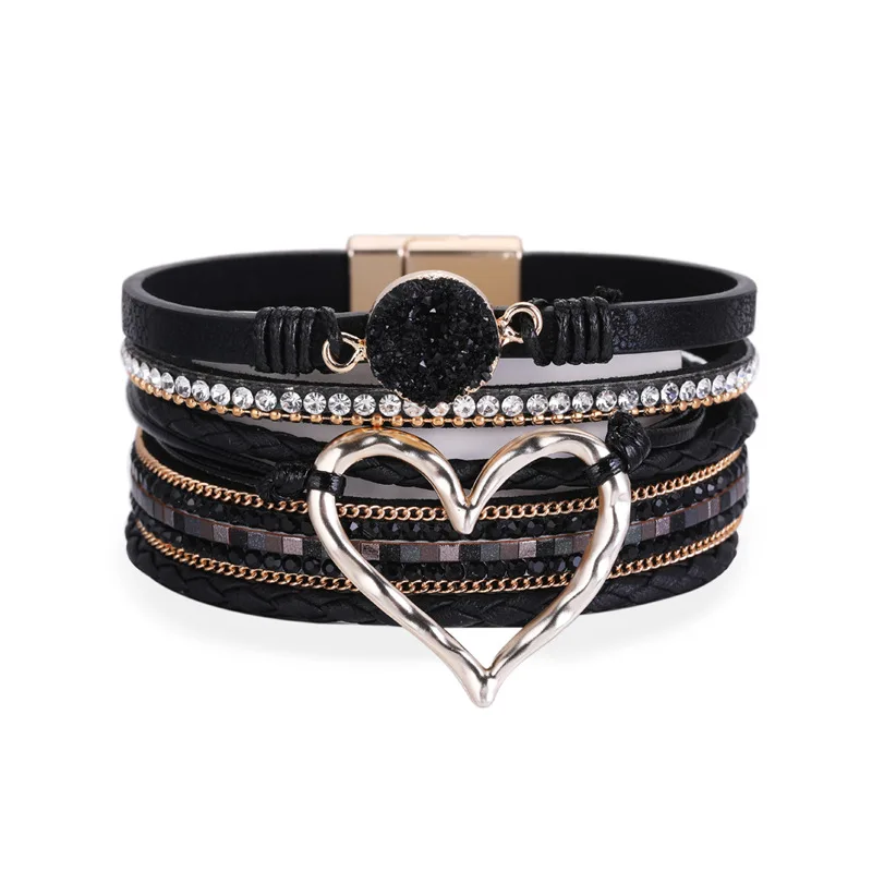 

Kirykle Metal Heart Charm Quartz Accessory Multi Strands Leather Braided Style Bracelet For Women
