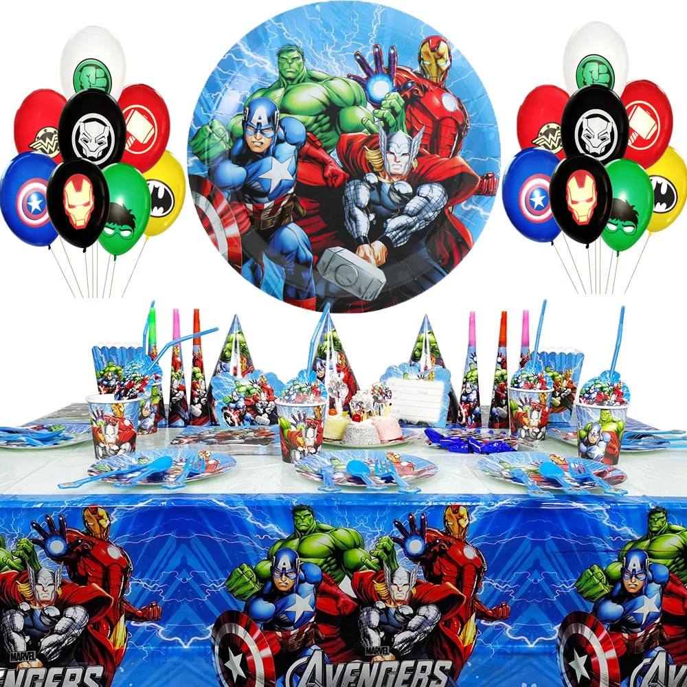 

Cartoon The Avengers Theme Birthday Supplies Tablecloth Paper Plate Cup Straw Banner Balloon Party Decoration Set Baby Shower