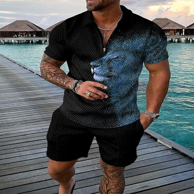 Summer Sports Style Short Sleeved Polo Shirt Beach Shorts 2 Piece Sets Tracksuit Men's 3D Printed Casual Suit