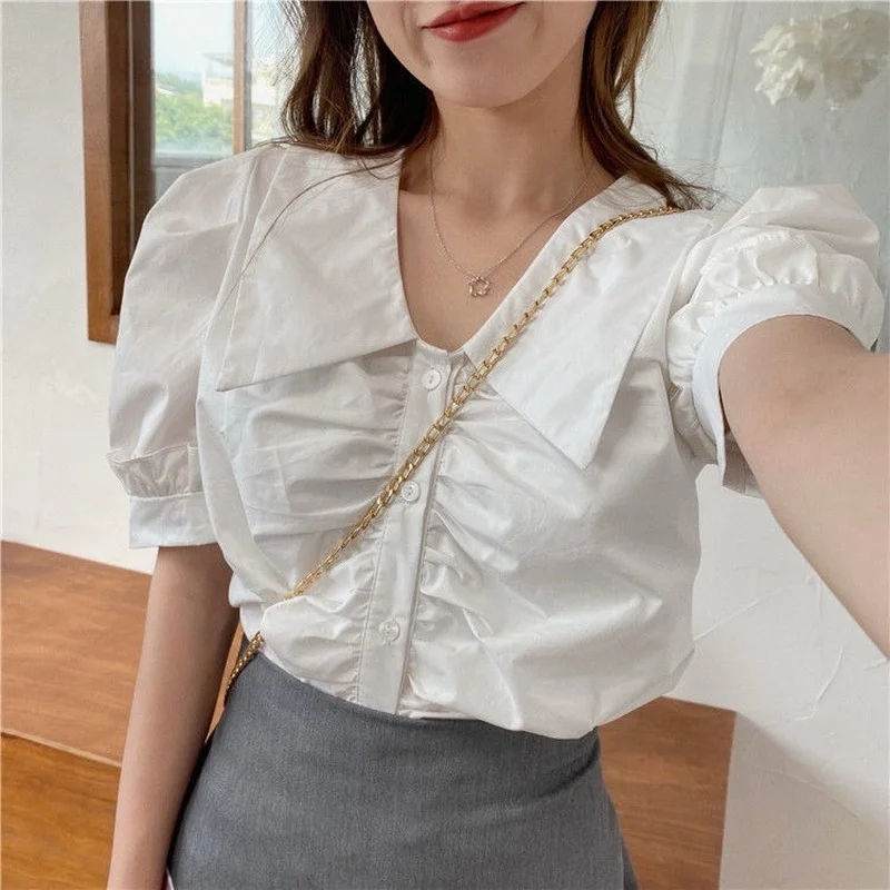 

2022 Japanese Harajuku Short Cropped White Shirt for Women Girl Button Up Blouse Cute Tops Summer Blusas Vintage Elegant