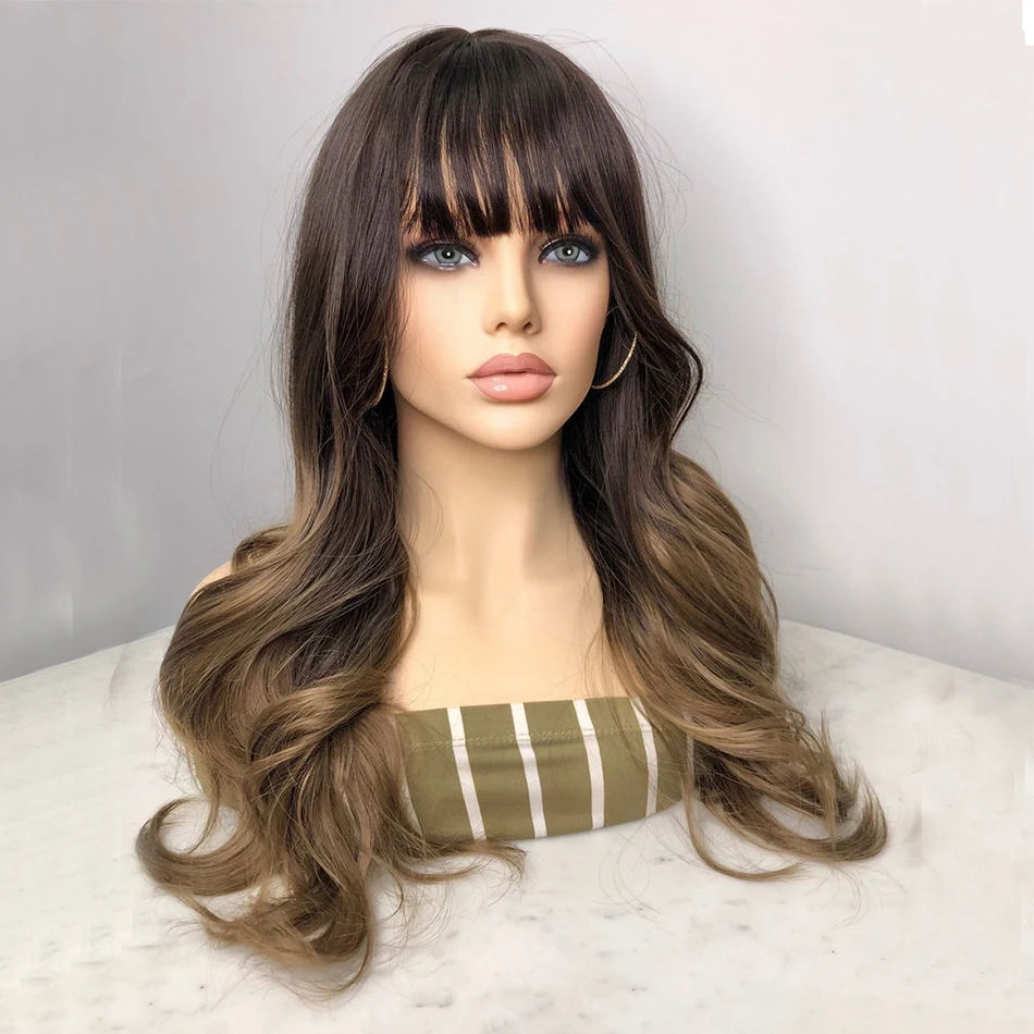 Cool Brown Ombre Human Hair 13x6 Lace Front Wig with Bangs Dark Brown Rooted 180 Density Brazilian Remy Hair 13x4 Lace Front Wig