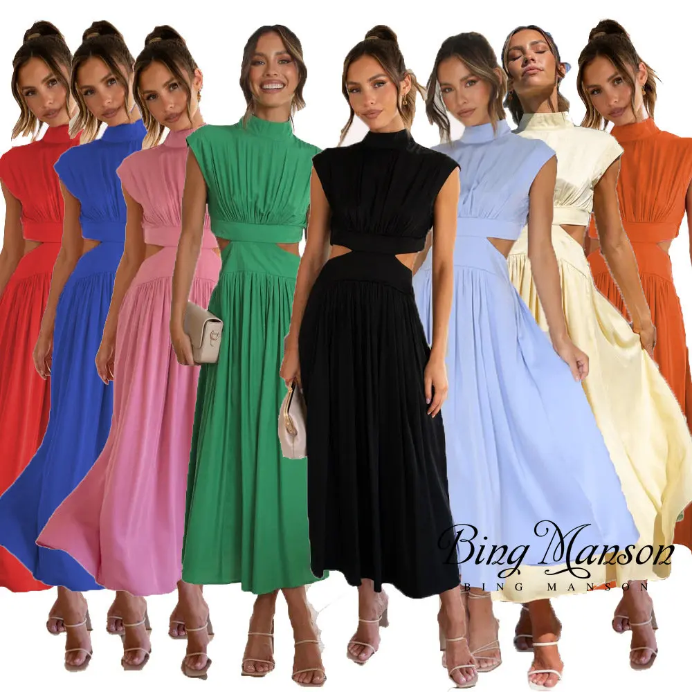 

Elegant Stand Neck Hollow Out Pleated Long Dress Sexy Sleeveless Slim Solid Beach Dress Summer Women Casual Sweet Party Dresses