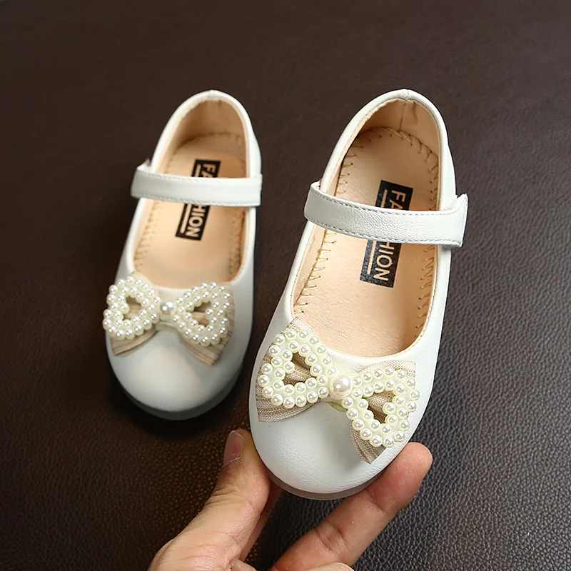 Princess Girls Shoes Children's Shoes Kids Pink Bow-knot Pearl Casual Flats Party Wedding Soft Leather Shoes Sweet Heart Autumn