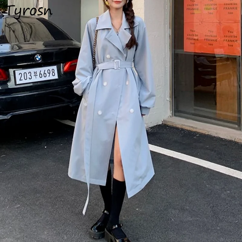 

Trench Women French Style Vintage Streetwear Fashionable Notched Double Breasted Solid Coats Sashes Temperament Leisure Clothing