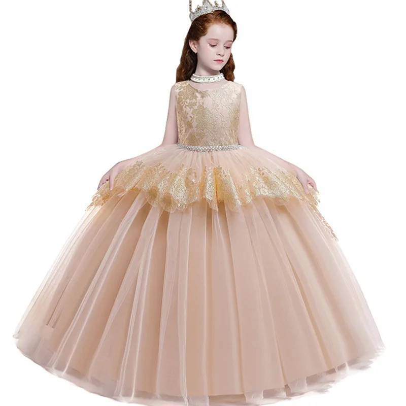 

Champagne Long Bridesmaid Kids Clothes For Girls Beaded Gown Party Wedding Dress Girl Clothing Princess Dress 6 8 10 12 Years
