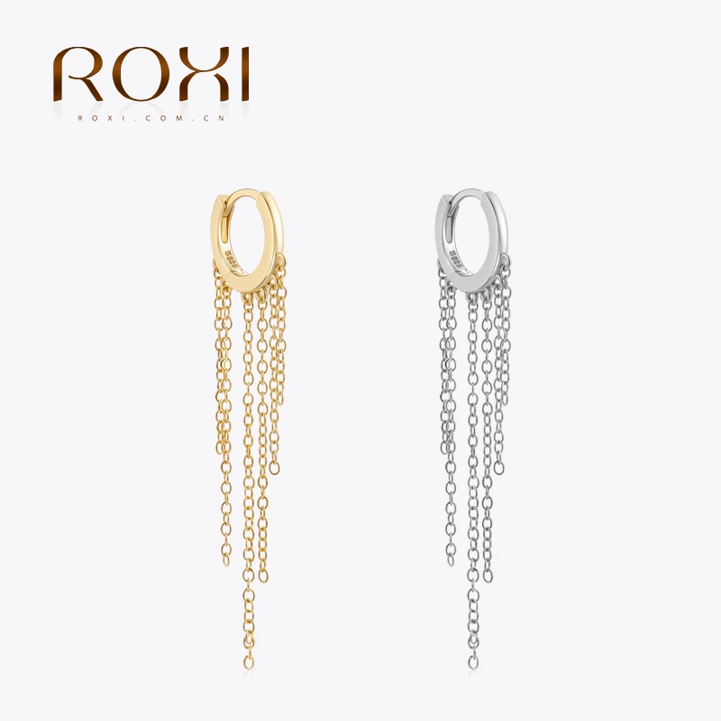 

ROXI 925 Sterling Silver Classic 8mm Hoop Earring Irregular Thin Long Tassel Chain Dangle Earrings For Women Chic Fine Jewelry