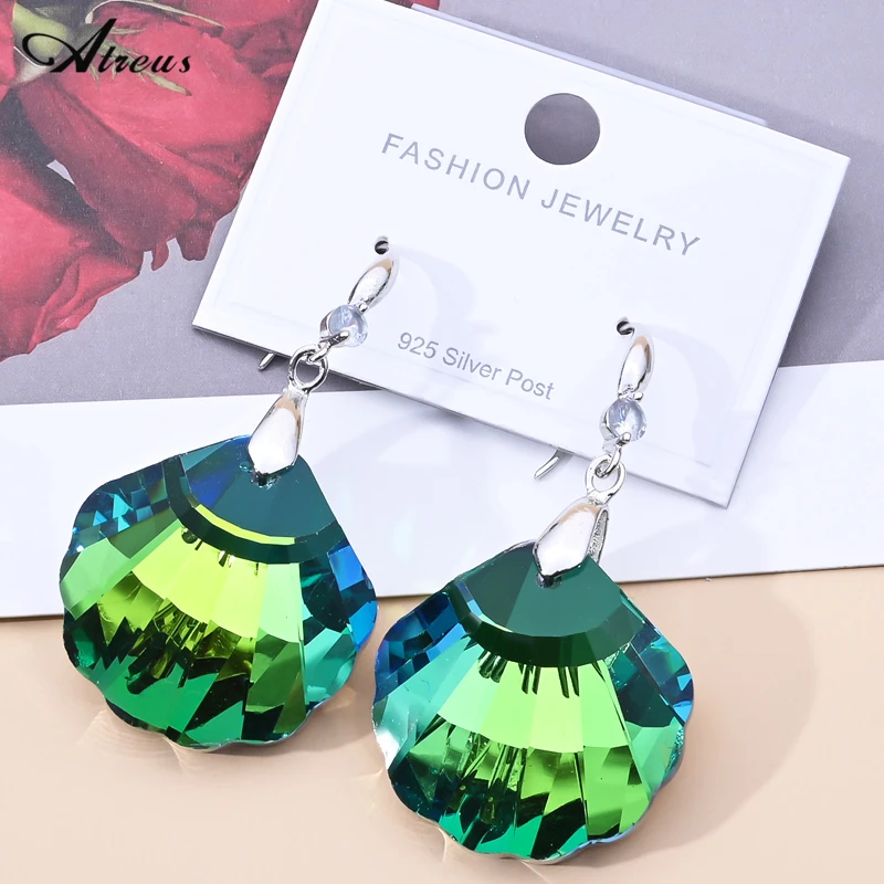 

Green Crystal Shell Style Earrings For Women Silver Plated Cubic Zirconia Jewelry Wedding Bridal Fashion Gift Baroque Style