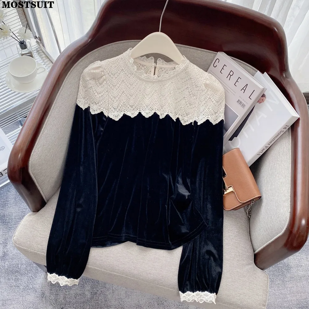 

Vintage Elegant Women Blouses Tops Spring Autumn Long Sleeve Lace Patchwork Velvet Pullover Stylish Chic Korean Ladies Blusas