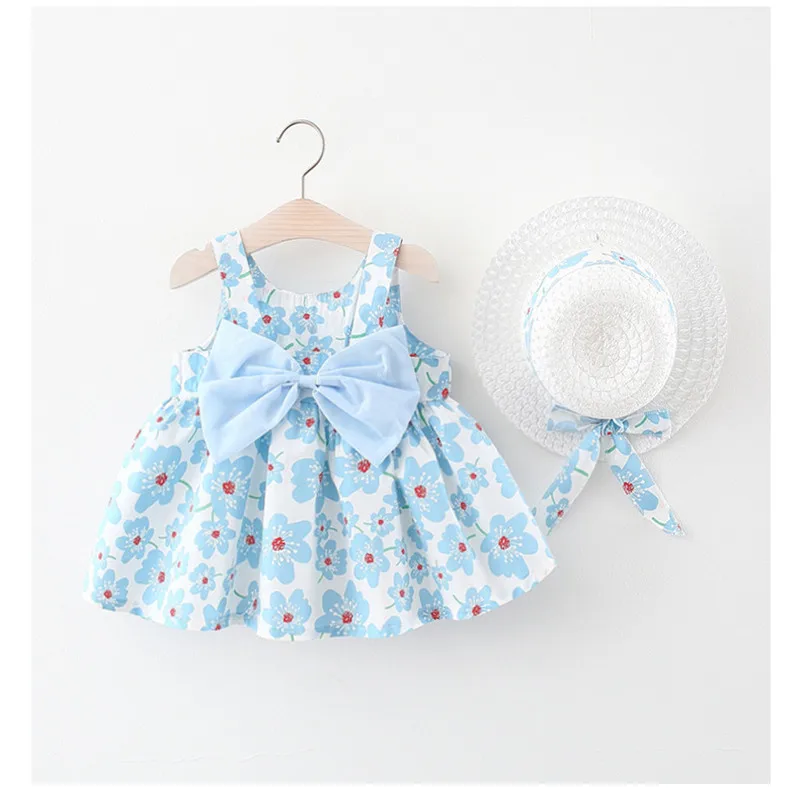 

Summer Newborn Girl Baby Short Skirt Couch for Photoshoot Hat Printing Cotton Bow Maxi Dress on Vacation Kids Outfits 13-24m